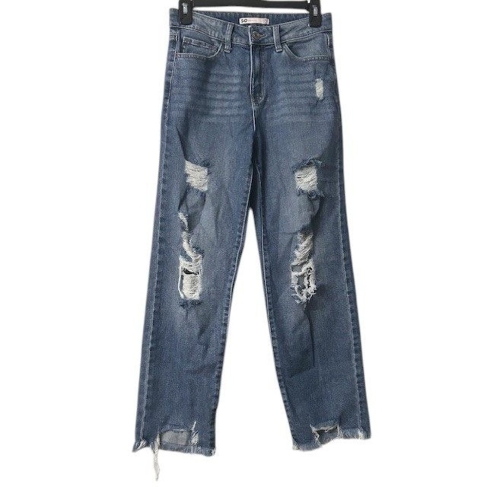 SO High Rise Straight Leg Distressed Cropped Jeans Womens Sz 3/26W Denim Raw Hem
